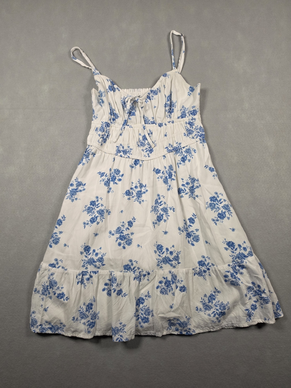 Hollister White Blue Floral Smocked Cami Mini Dress XS | Tiered Ruffle Sundress